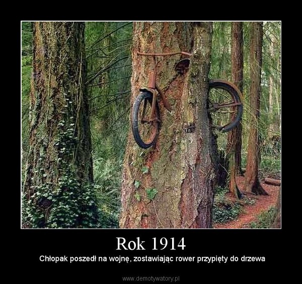 Rok 1914 –  Chłopak poszedł na wojnę, zostawiając rower przypięty do drzewa 