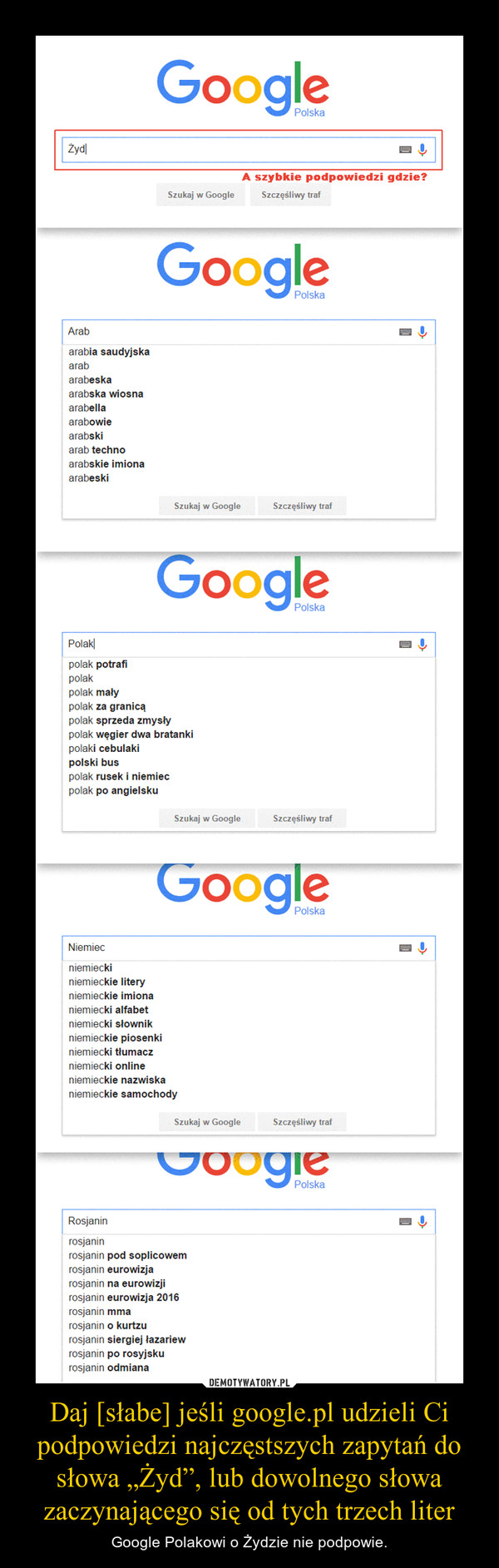 Daj [słabe] jeśli google.pl udzieli Ci podpowiedzi najczęstszych zapytań do słowa „Żyd”, lub dowolnego słowa zaczynającego się od tych trzech liter