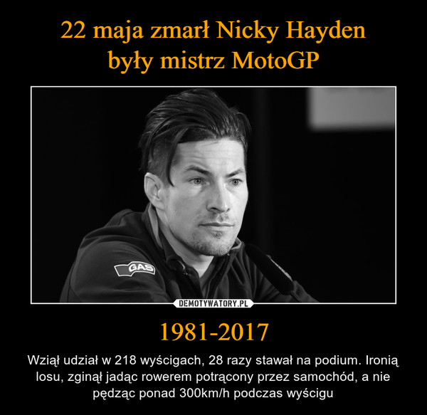 1981-2017 – Wziął udział w 218 wyścigach, 28 razy stawał na podium. Ironią losu, zginął jadąc rowerem potrącony przez samochód, a nie pędząc ponad 300km/h podczas wyścigu 