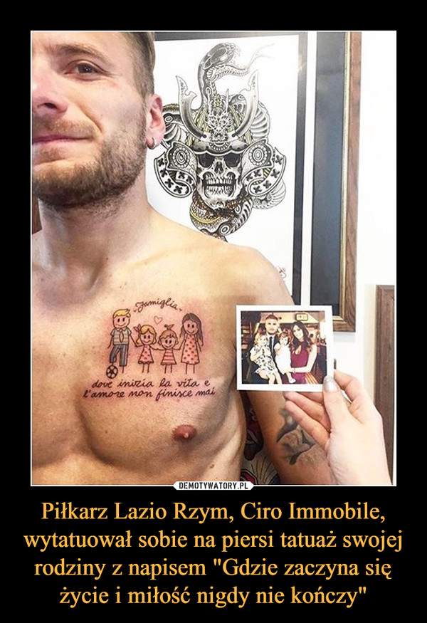 Piłkarz Lazio Rzym, Ciro Immobile, wytatuował sobie na piersi tatuaż swojej rodziny z napisem "Gdzie zaczyna się życie i miłość nigdy nie kończy"