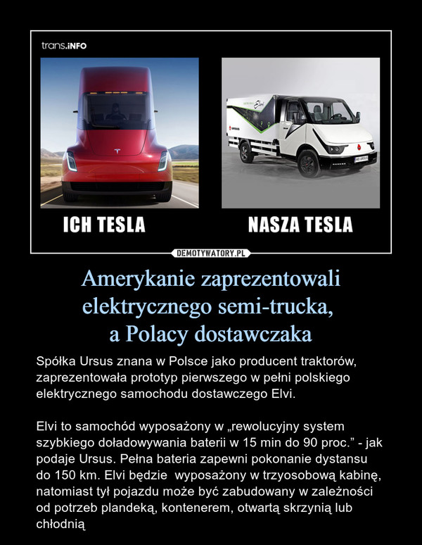 Amerykanie zaprezentowali elektrycznego semi-trucka, a Polacy dostawczaka – Spółka Ursus znana w Polsce jako producent traktorów, zaprezentowała prototyp pierwszego w pełni polskiego elektrycznego samochodu dostawczego Elvi.Elvi to samochód wyposażony w „rewolucyjny system szybkiego doładowywania baterii w 15 min do 90 proc.” - jak podaje Ursus. Pełna bateria zapewni pokonanie dystansu do 150 km. Elvi będzie  wyposażony w trzyosobową kabinę, natomiast tył pojazdu może być zabudowany w zależności od potrzeb plandeką, kontenerem, otwartą skrzynią lub chłodnią 