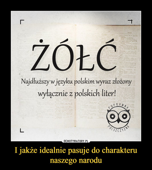I jakże idealnie pasuje do charakteru naszego narodu –  ŻÓŁĆNajdłuższy w języku polskim wyraz złożony wyłącznie z polskich liter!