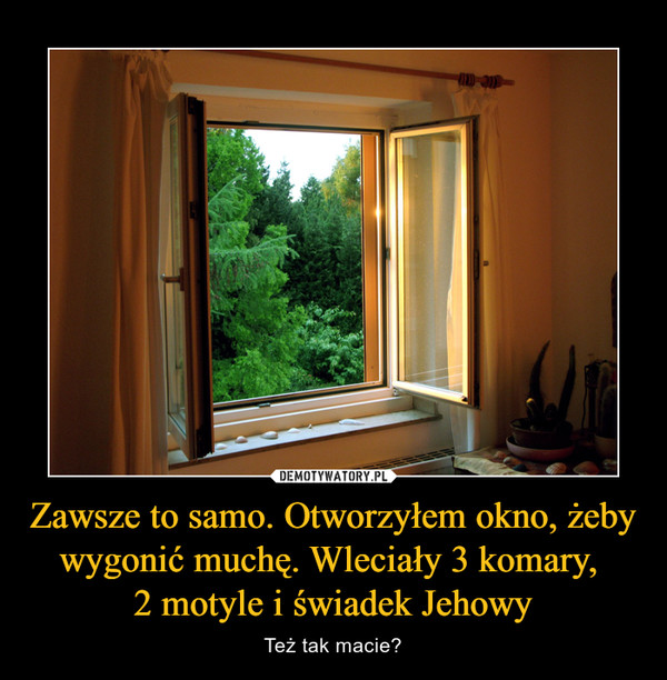 Zawsze to samo. Otworzyłem okno, żeby wygonić muchę. Wleciały 3 komary, 
2 motyle i świadek Jehowy