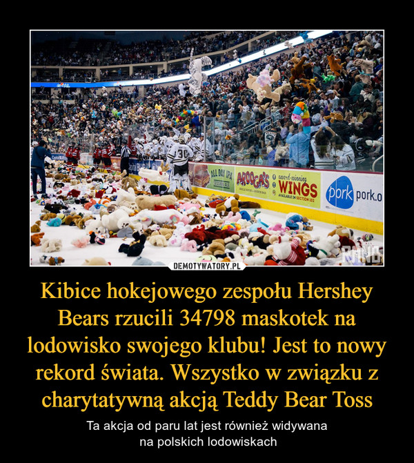 Kibice hokejowego zespołu Hershey Bears rzucili 34798 maskotek na lodowisko swojego klubu! Jest to nowy rekord świata. Wszystko w związku z charytatywną akcją Teddy Bear Toss