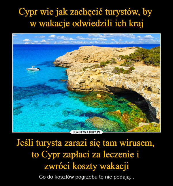 Jeśli turysta zarazi się tam wirusem, to Cypr zapłaci za leczenie i zwróci koszty wakacji – Co do kosztów pogrzebu to nie podają... 