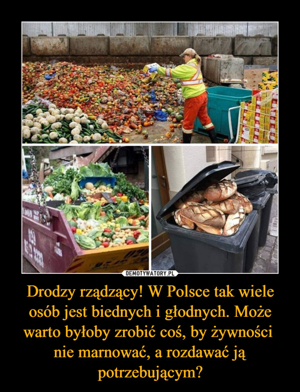 Drodzy rządzący! W Polsce tak wiele osób jest biednych i głodnych. Może warto byłoby zrobić coś, by żywności nie marnować, a rozdawać ją potrzebującym? –  