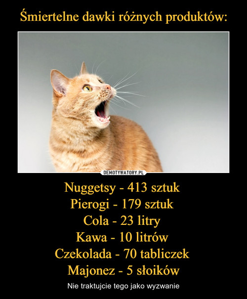 Śmiertelne dawki różnych produktów: Nuggetsy - 413 sztuk 
Pierogi - 179 sztuk 
Cola - 23 litry 
Kawa - 10 litrów 
Czekolada - 70 tabliczek 
Majonez - 5 słoików