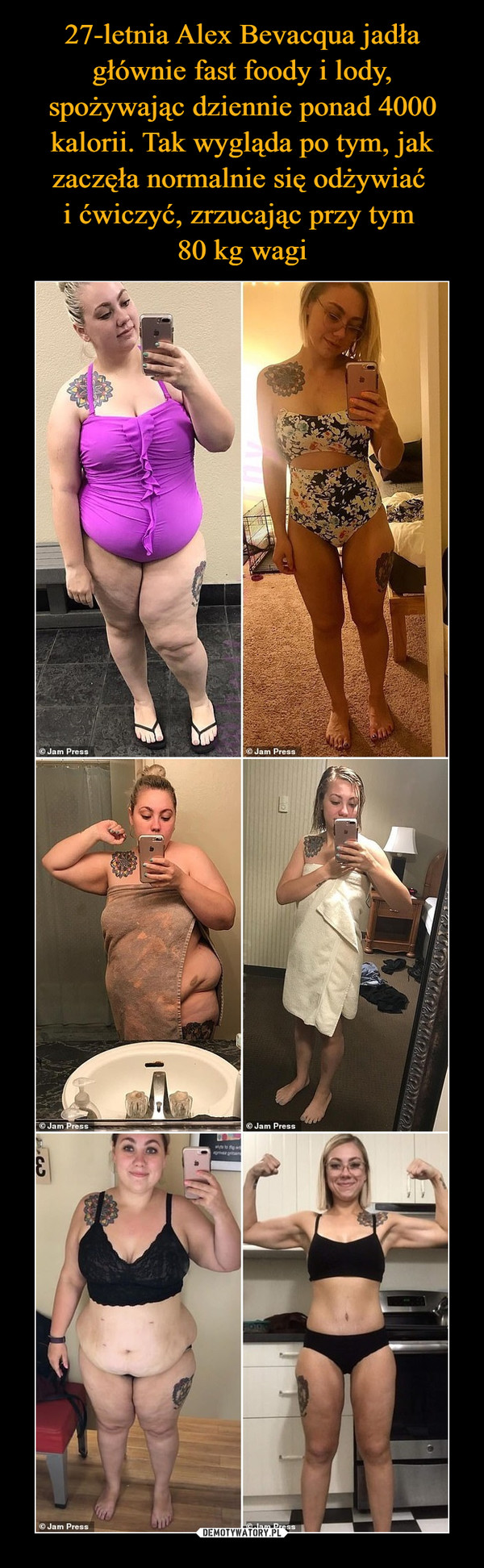 27-letnia Alex Bevacqua jadła głównie fast foody i lody, spożywając dziennie ponad 4000 kalorii. Tak wygląda po tym, jak zaczęła normalnie się odżywiać 
i ćwiczyć, zrzucając przy tym 
80 kg wagi