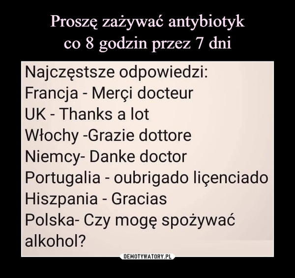  –  Najczęstsze odpowiedzi: Francja - Meręi docteur UK - Thanks a lot Włochy -Grazie dottore Niemcy- Danke doctor Portugalia - oubrigado ligenciado Hiszpania - Gracias Polska- Czy mogę spożywać alkohol?