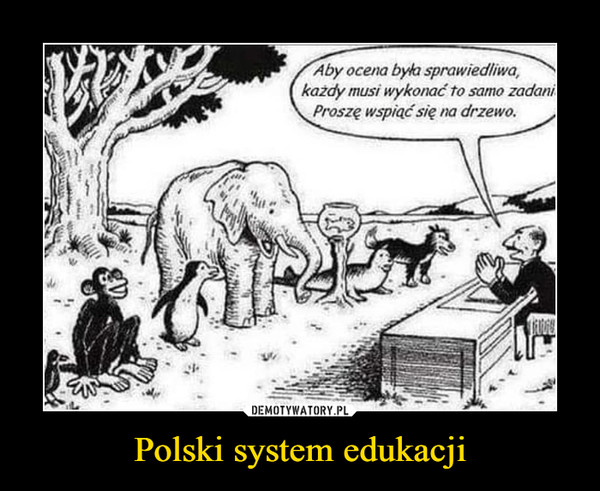 Polski system edukacji –  Aby ocena była sprawiedliwa,każdy musi wykonać to samo zadaniProszę wspiąć się na drzewo.
