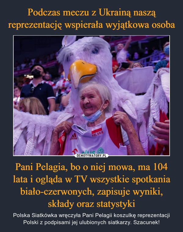Pani Pelagia, bo o niej mowa, ma 104 lata i ogląda w TV wszystkie spotkania biało-czerwonych, zapisuje wyniki, składy oraz statystyki – Polska Siatkówka wręczyła Pani Pelagii koszulkę reprezentacji Polski z podpisami jej ulubionych siatkarzy. Szacunek! 