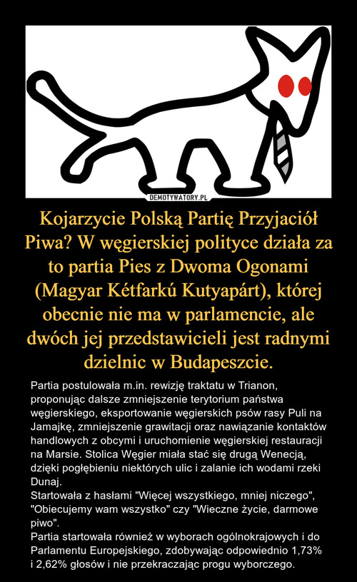 Kojarzycie Polską Partię Przyjaciół Piwa? W węgierskiej polityce działa za to partia Pies z Dwoma Ogonami (Magyar Kétfarkú Kutyapárt), której obecnie nie ma w parlamencie, ale dwóch jej przedstawicieli jest radnymi dzielnic w Budapeszcie.