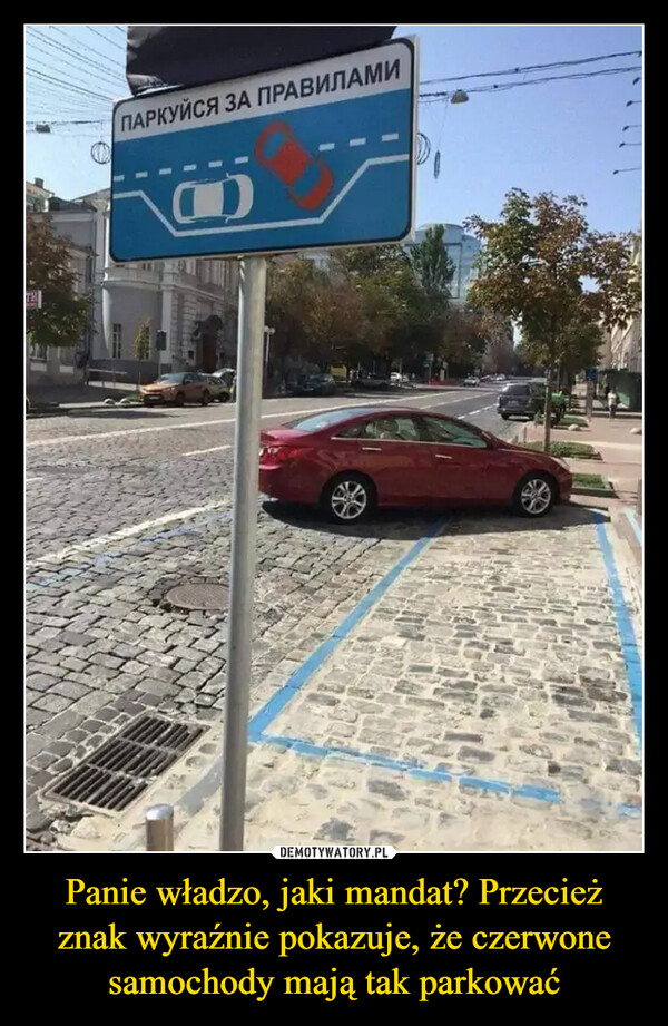 Panie władzo, jaki mandat? Przecież znak wyraźnie pokazuje, że czerwone samochody mają tak parkować –  