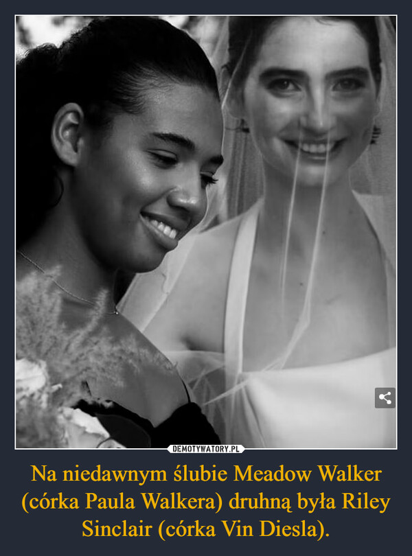 Na niedawnym ślubie Meadow Walker (córka Paula Walkera) druhną była Riley Sinclair (córka Vin Diesla). –  