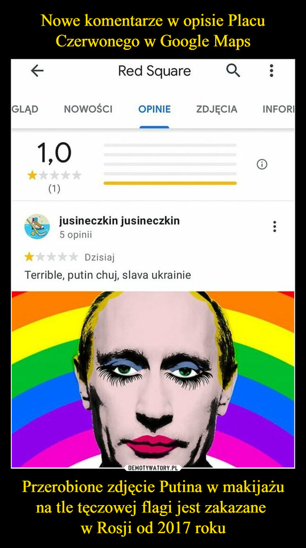 Przerobione zdjęcie Putina w makijażu na tle tęczowej flagi jest zakazane w Rosji od 2017 roku –  jusineczkin jusineczkinTerrible, putin choj, slava Ukrainie