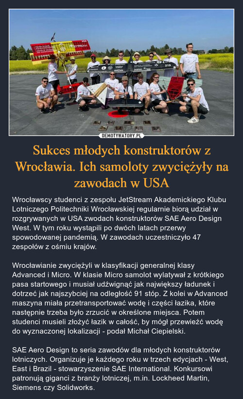 Sukces młodych konstruktorów z Wrocławia. Ich samoloty zwyciężyły na zawodach w USA