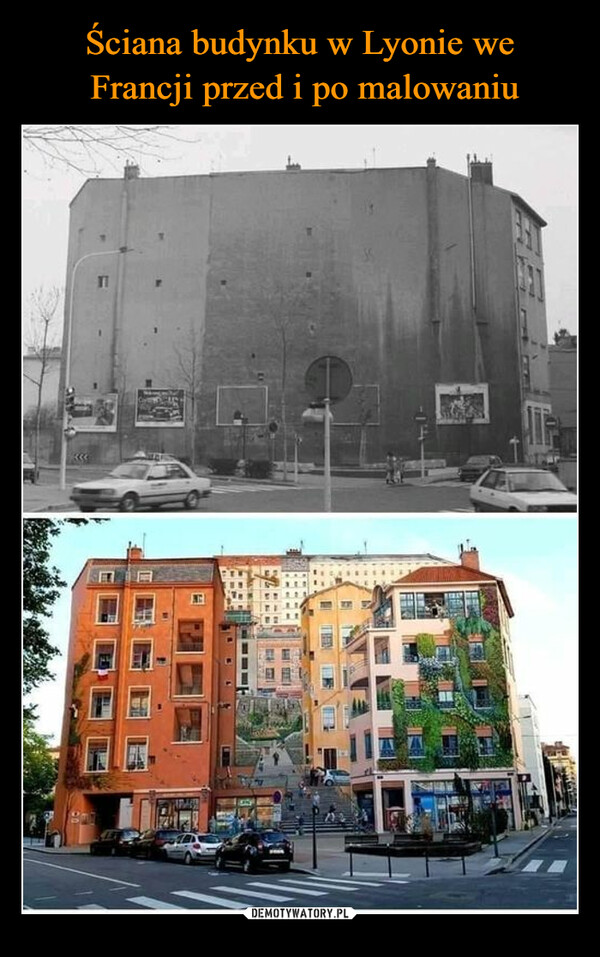 Ściana budynku w Lyonie we
 Francji przed i po malowaniu