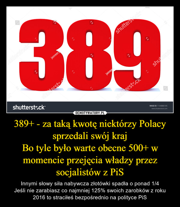 389+ - za taką kwotę niektórzy Polacy sprzedali swój kraj
Bo tyle było warte obecne 500+ w momencie przejęcia władzy przez socjalistów z PiS
