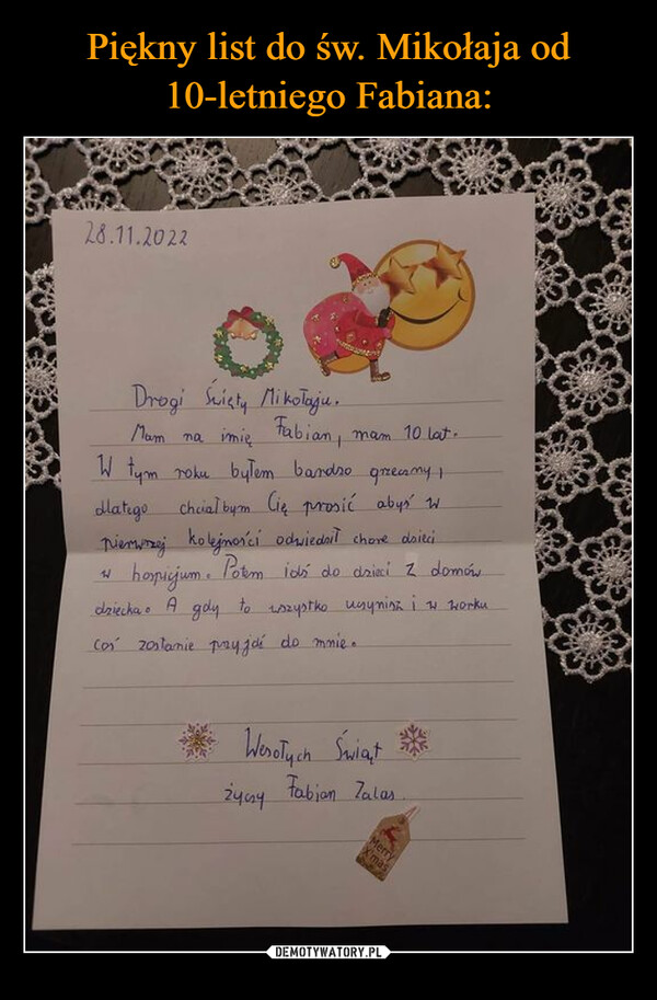 Piękny list do św. Mikołaja od 10-letniego Fabiana: