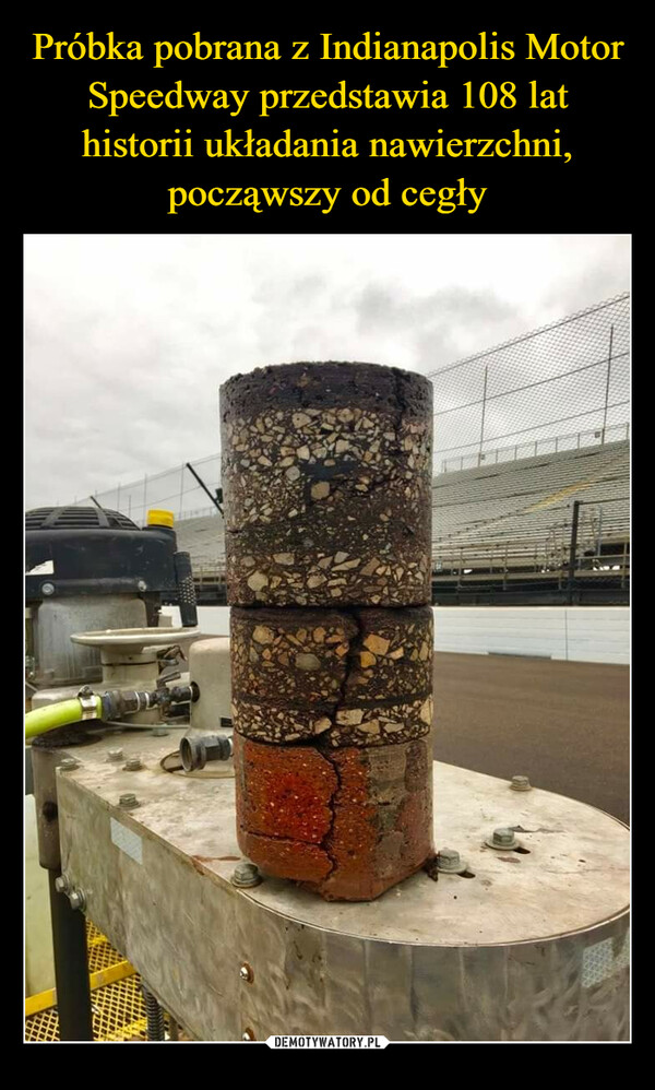 Próbka pobrana z Indianapolis Motor Speedway przedstawia 108 lat historii układania nawierzchni, począwszy od cegły
