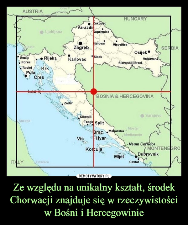 Ze względu na unikalny kształt, środek Chorwacji znajduje się w rzeczywistości w Bośni i Hercegowinie