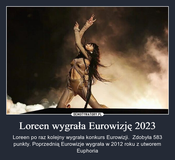Loreen wygrała Eurowizję 2023 – Loreen po raz kolejny wygrała konkurs Eurowizji.  Zdobyła 583 punkty. Poprzednią Eurowizje wygrała w 2012 roku z utworem Euphoria 