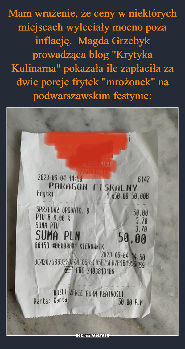 Mam wrażenie, że ceny w niektórych miejscach wyleciały mocno poza inflację.  Magda Grzebyk prowadząca blog "Krytyka Kulinarna" pokazała ile zapłaciła za dwie porcje frytek "mrożonek" na podwarszawskim festynie: