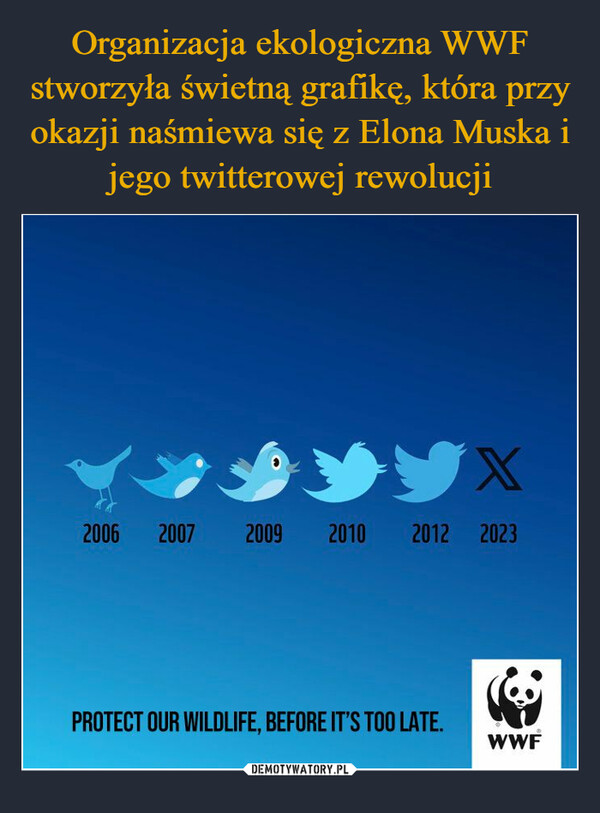 Organizacja ekologiczna WWF stworzyła świetną grafikę, która przy okazji naśmiewa się z Elona Muska i jego twitterowej rewolucji