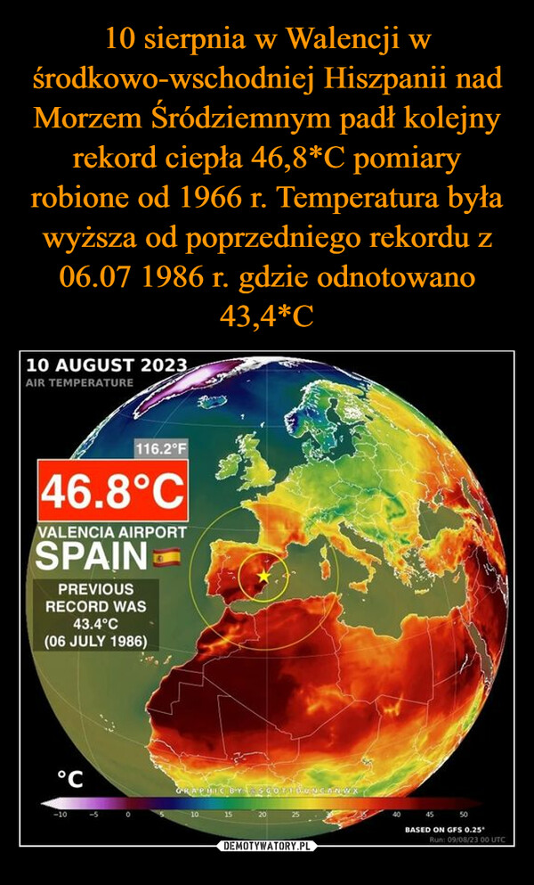  –  10 AUGUST 2023AIR TEMPERATURE46.8°CVALENCIA AIRPORTSPAINPREVIOUSRECORD WAS43.4°C(06 JULY 1986)°℃116.2°F-10-5GRAPILIC DYSG102025CANWX1445BASED ON GFS 0.25"50Run: 09/08/23 00 UTC
