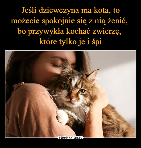Jeśli dziewczyna ma kota, to możecie spokojnie się z nią żenić, 
bo przywykła kochać zwierzę, 
które tylko je i śpi