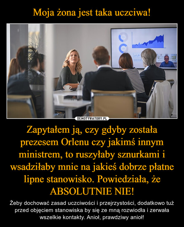 Zapytałem ją, czy gdyby została prezesem Orlenu czy jakimś innym ministrem, to ruszyłaby sznurkami i wsadziłaby mnie na jakieś dobrze płatne lipne stanowisko. Powiedziała, że ABSOLUTNIE NIE! – Żeby dochować zasad uczciwości i przejrzystości, dodatkowo tuż przed objęciem stanowiska by się ze mną rozwiodła i zerwała wszelkie kontakty. Anioł, prawdziwy anioł! 