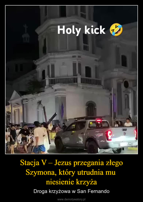 Stacja V – Jezus przegania złego Szymona, który utrudnia mu niesienie krzyża – Droga krzyżowa w San Fernando Holy kick